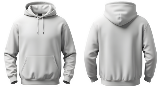 Front and back view of a plain white hooded sweatshirt with drawstrings and a kangaroo pocket isolated on transparent background
