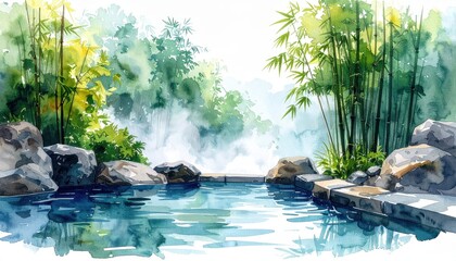 Watercolor painting of a tranquil natural pool surrounded by large rocks and vibrant green bamboo trees Misty atmosphere