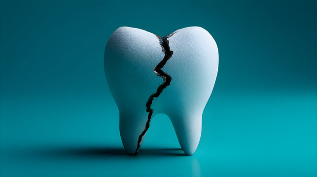 Cracked tooth illustration on a vibrant teal background representing dental health issues