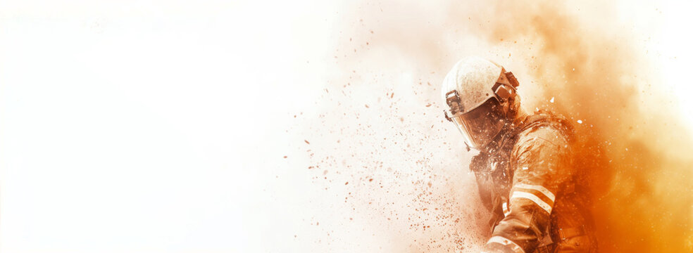 Firefighter battling blaze with intense smoke and debris, suitable as dramatic background - Powered by Adobe