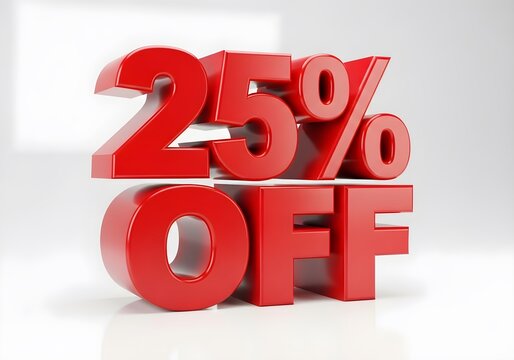 A bright red twenty five percent off promotional graphic on a white reflective surface backdrop