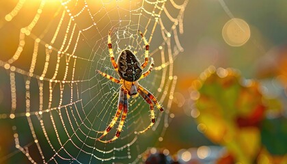 Close up of a garden spider on its dew covered web illuminated by golden sunlight against a blurred autumn background