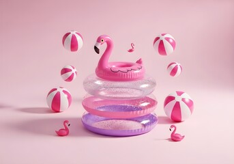 Pink flamingo float on stacked rings with beach balls on a pink background studio shot for summer vibes