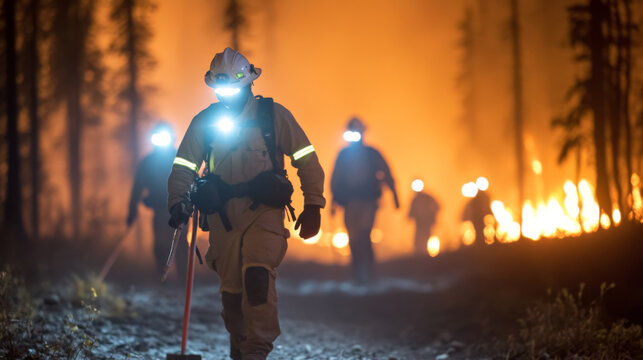 Firefighter battling forest blaze with protective gear, intense orange flames in background