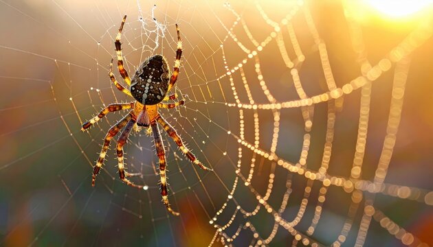 Orb weaver garden spider on its intricate web covered in sparkling dew drops with a warm golden bokeh background