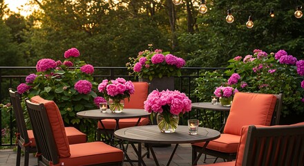 Obraz premium Outdoor patio with vibrant pink flowers and comfortable seating.