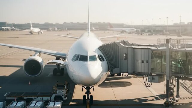 Airplane connected to jet bridge at airport tarmac ready for boarding.