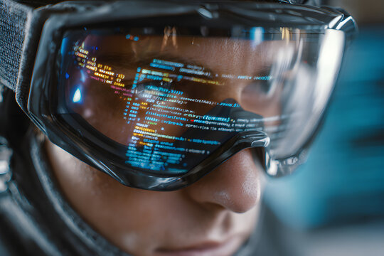 Closeup of coder in goggles with reflection of monitor with code working on computer, developing software, testing security system, focused on screen with programming language. Generative AI