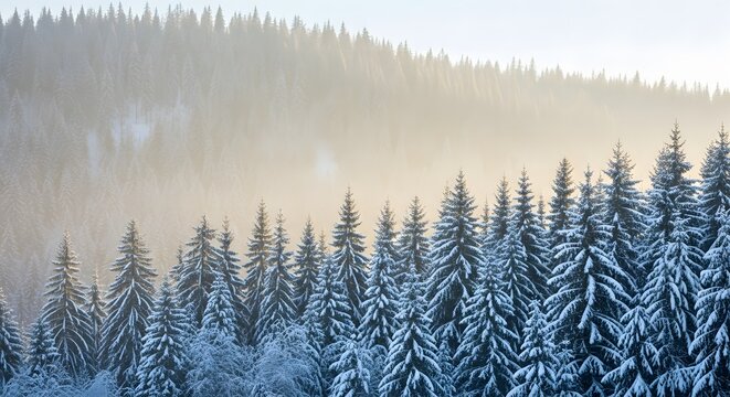 a serene forest covered in fresh snow, soft morning light filtering through the pine trees,