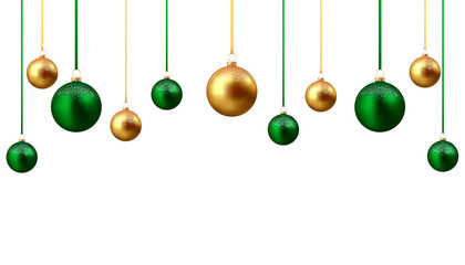 Green and gold christmas balls isolated on transparent background	