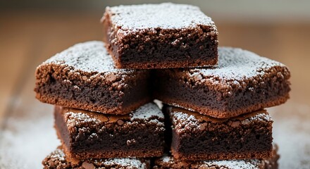 Stack of Homemade Chocolate Brownies with Powdered Sugar  Sweet Dessert Close-Up