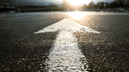 Bright sunshine illuminates a white upward arrow painted on dark asphalt pavement