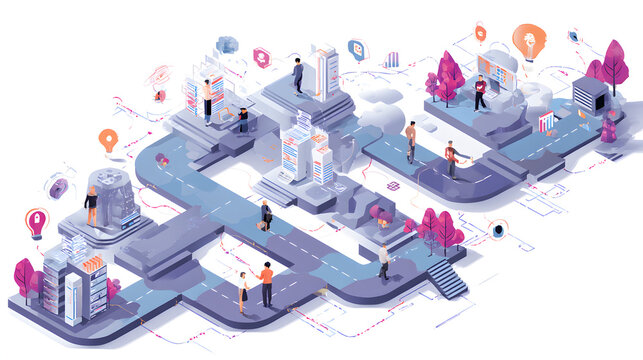 Illustration of IT roadmap modern technology and innovative processes, networking and big data