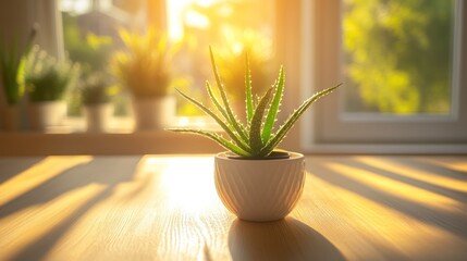 Aloe vera plant in a white pot bathed in sunlight on a wooden table.