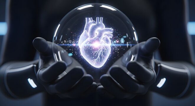 Futuristic hands holding glowing holographic human heart in protective sphere