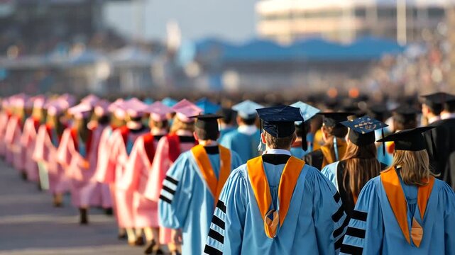 Graduates in caps and gowns marching during commencement ceremony