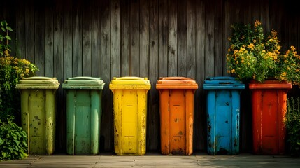 Six weathered, brightly colored refuse receptacles stand aligned against a rustic wooden fence