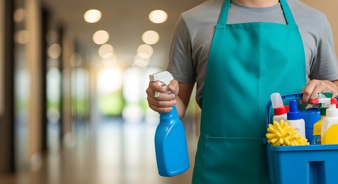 Professional cleaner holding spray bottle and cleaning supplies in hallway - Powered by Adobe