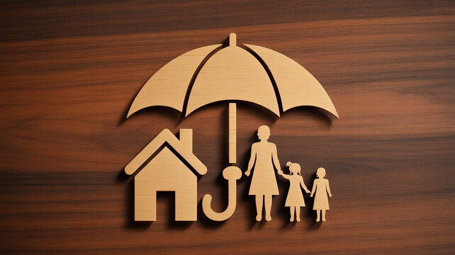 Wooden cutout of a house family and umbrella representing home and family insurance on wooden surface
