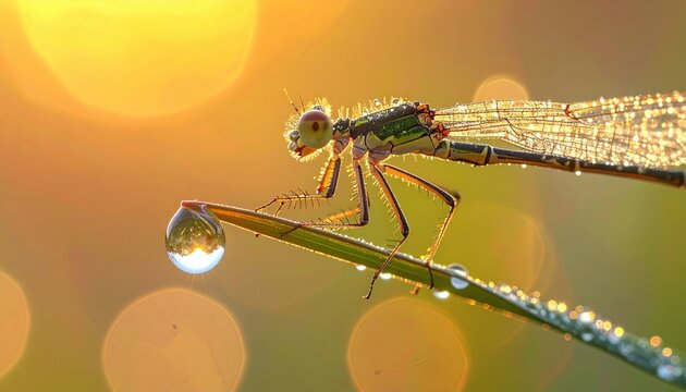Close up of a damselfly covered in morning dew droplets on a grass blade backlit by golden sunlight with bokeh - Powered by Adobe