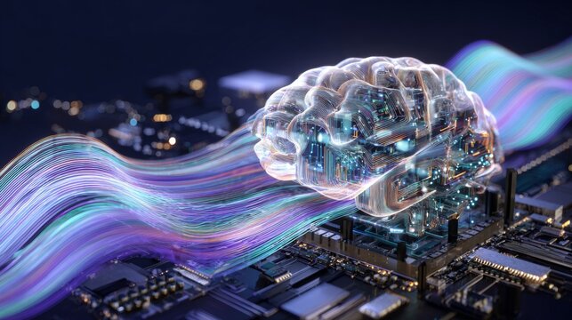 The symbiotic future of human cognition and tech innovation. Information streams. Complex brain-motherboard union: illuminating digital and neural paths. Internet connectivity. Network traffic.