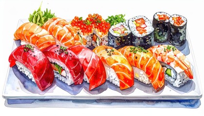 Watercolor illustration of various fresh sushi pieces salmon tuna and shrimp nigiri with maki rolls on a white platter