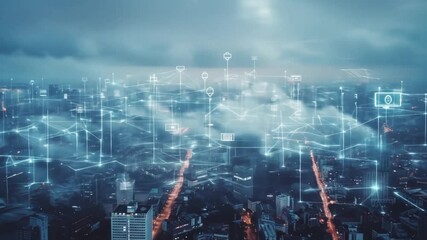 Digital network connections overlaying an urban cityscape at dusk, symbolizing smart city technology, global communication, and future data infrastructure. - Powered by Adobe