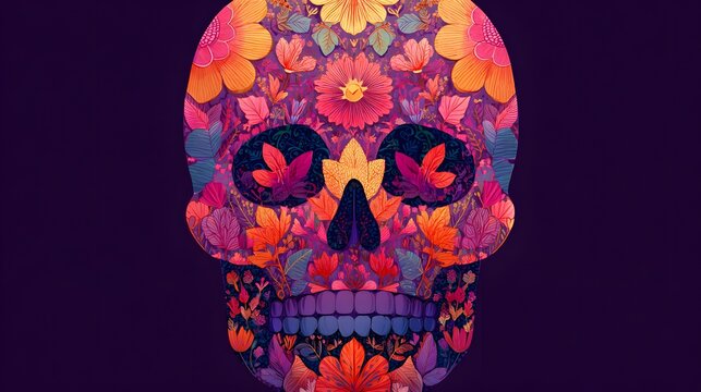 Vibrant floral mosaic forms a stylized human cranium silhouette against a dark background - Powered by Adobe