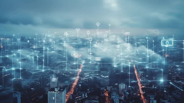Digital network connections overlaying an urban cityscape at dusk, symbolizing smart city technology, global communication, and future data infrastructure. - Powered by Adobe