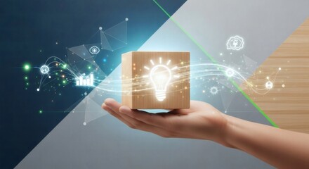Innovation and creative idea development – wooden cube with light bulb and futuristic network data visualization