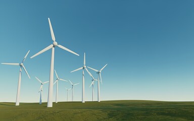 3D wind turbine field with clear sky
