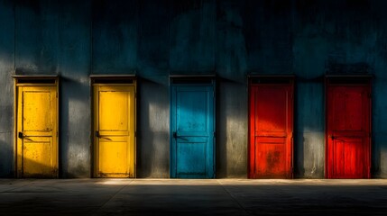 Row of weathered entryways painted in contrasting bright colors against a dark facade