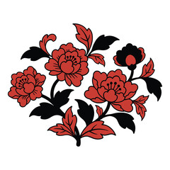Ornate Floral Trio – Red Flowers with Black Outlines in Folk-Inspired Vector