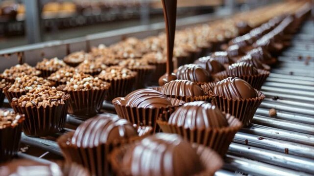 Workers diligently create a variety of chocolate confections in a bustling factory setting. The scene captures delicious treats being shaped and covered in rich chocolate