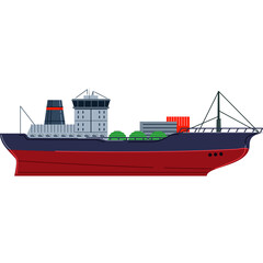 Large cargo ship with red hull and grey superstructure sailing on water with green containers visible on deck illustration © Arkan