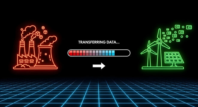 Transferring data from polluting industries to renewable energy with wind turbines and solar panels for a brighter sustainable future - Powered by Adobe