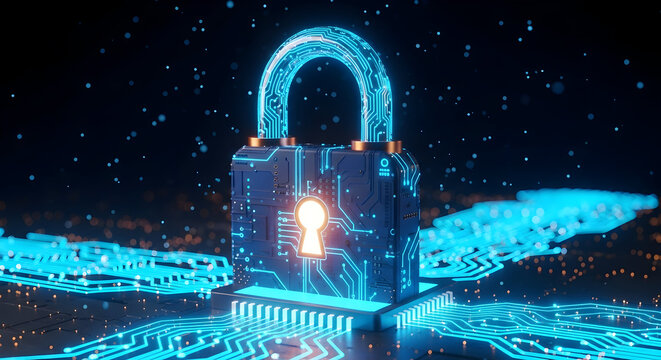 Cybersecurity concept with modern glowing padlock securing data on circuit board, protecting information from digital threats and malware attacks