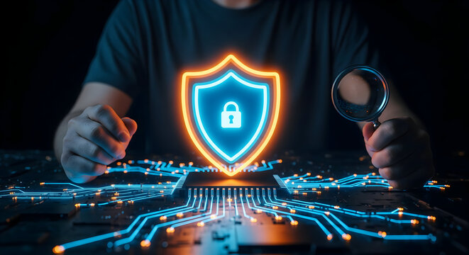 Cybersecurity expert analyzing data protection with magnifying glass and glowing shield for modern business security solutions and digital defense
