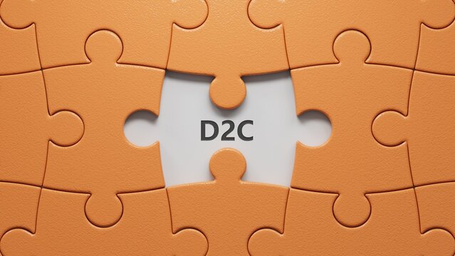 three stone puzzle pieces with missing pieces, tables with the word D2C - acronim Direct to Consumer.close up of puzzle pieces with missing pieces,Business Concept.3D rendering.