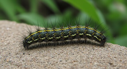 Macro photograph of a hairy caterpillar with yellow stripes crawling on a stone.