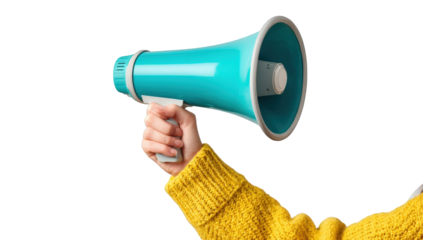 Hand holding a turquoise megaphone