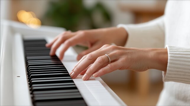 Close-up of a woman's hands playing a white digital piano. Female musician practicing on a keyboard. Music education, hobby, and creative lifestyle concept