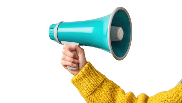 Hand holding a turquoise megaphone