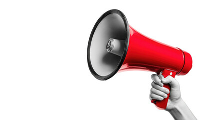 A hand holds a red megaphone against a dark background