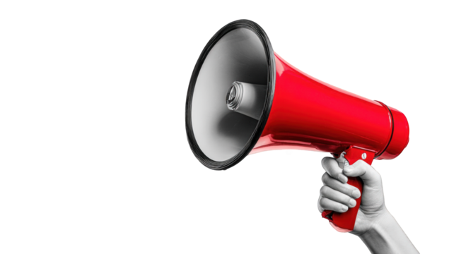 A hand holds a red megaphone against a dark background