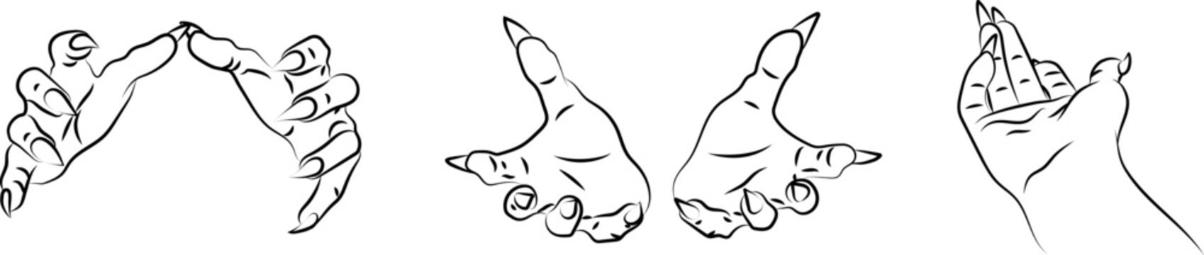 Vampire hands set &ndash; vector line art of monster or witch claws in different poses on white background