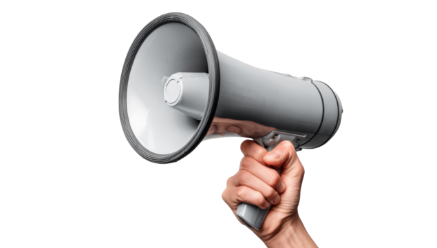 A hand holding a gray megaphone against a black background