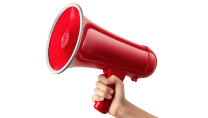Hand holding a bright red megaphone against a dark background