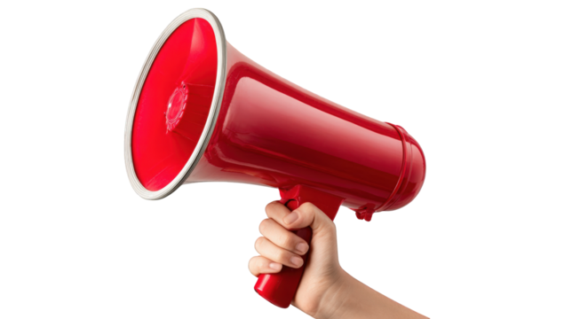 Hand holding a bright red megaphone against a dark background