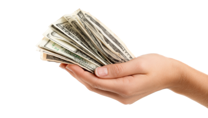 A hand holding a fan of US currency